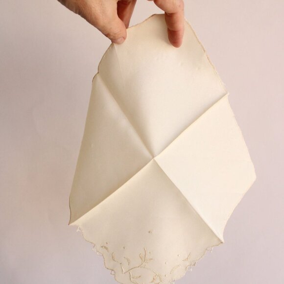 Vintage Ivory Handkerchief, Embroidered Rayon Hankie Pocket Square - Picture 10 of 10